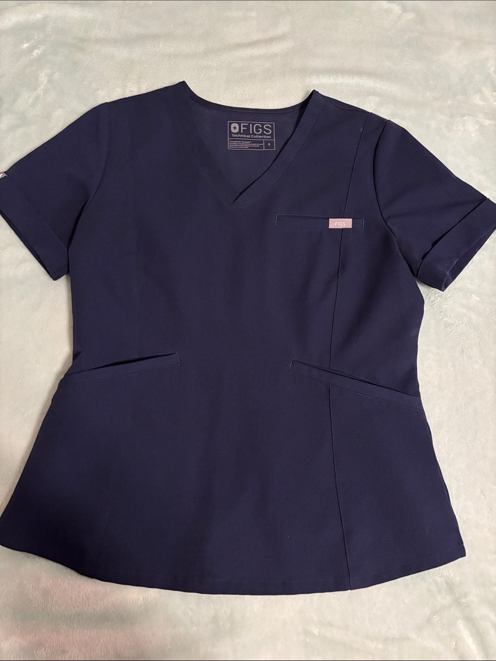 FIGS Women's Navy V-Neck Scrub Top with Pink Tab